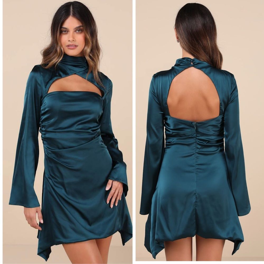 Lulus Sultry Elevation Dark Teal Satin Long Sleeve Cutout Mini Dress size Large